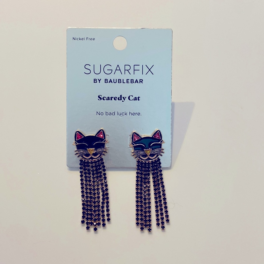 NEW BaubleBar Halloween black Scaredy Cat enamel & rhinestone 3D drop earrings